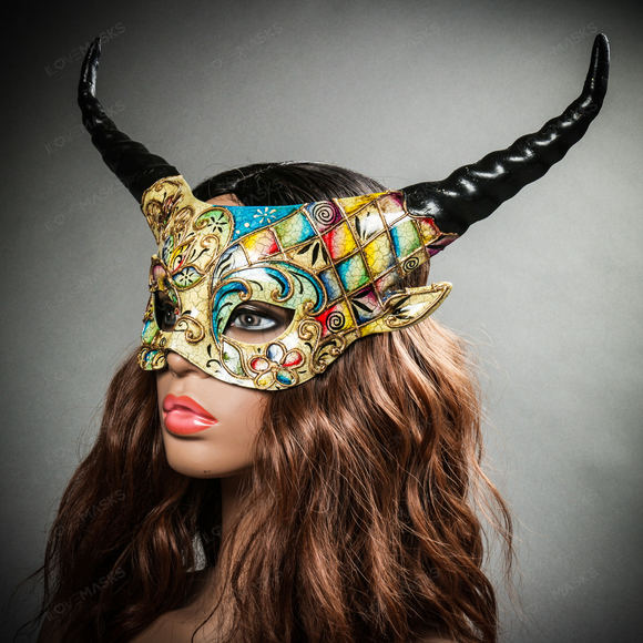 Krampus Black Horn Crackle Animal Devil Party Mask - White Gold - Picture 8 of 10